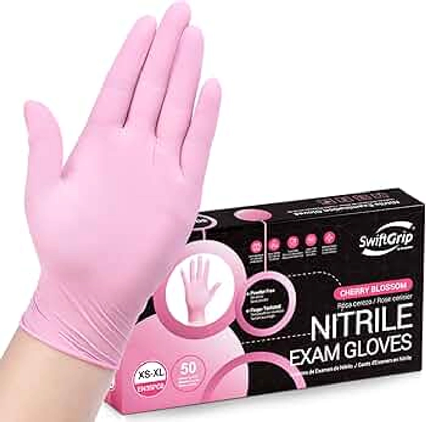 Pink Disposable Exam Gloves, 3-mil, X-Small, 50-ct Box, Powder-Free, Latex-Free, Medical Grade Gloves for Cleaning & Esthetician