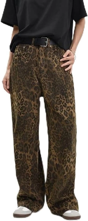 Leopard Jeans Unisex Casual Pants Jeans Leopard Print Hip Hop Wide Leg Straight with Pockets Button-Zipper Closure Soft Streetwear for Young Flared Jeans