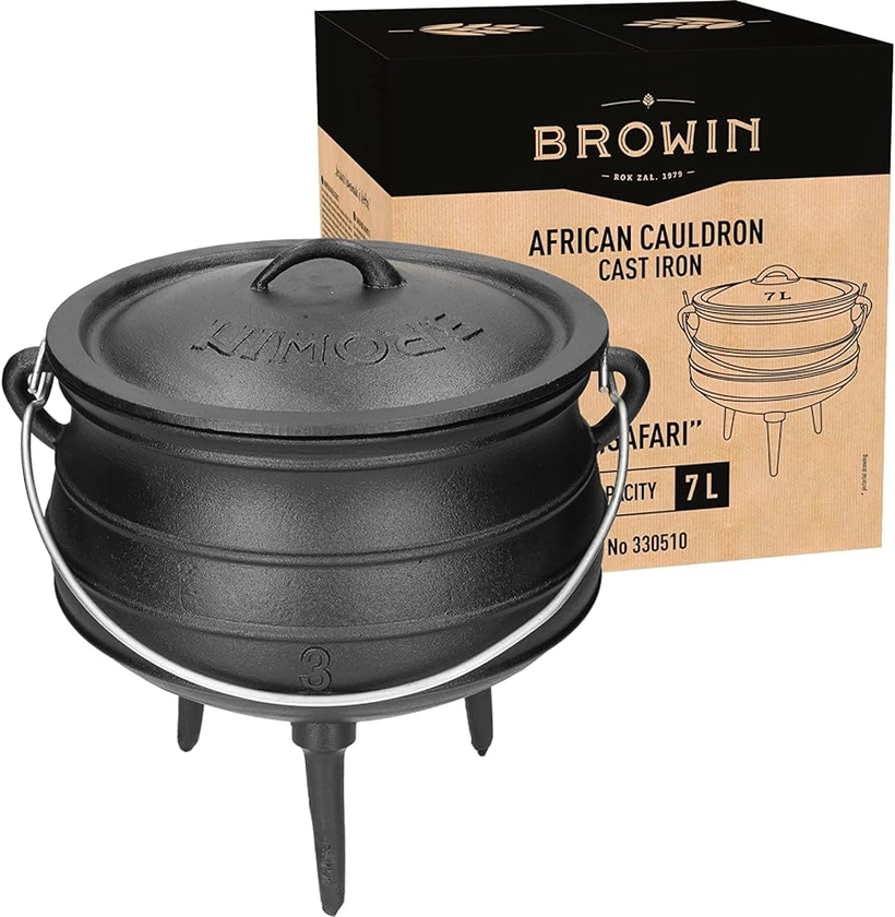 Browin 330510 African Cauldron - Safari 7 L | Cast Iron | Deep Camping Pot with Lid, Lid Lifter and Feed | For Outdoor Cooking, Black