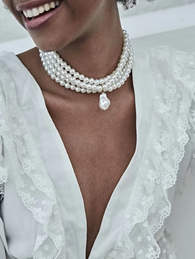 1 Pièce Collier Ras De Cou À Design De Fausses Perles Superposées