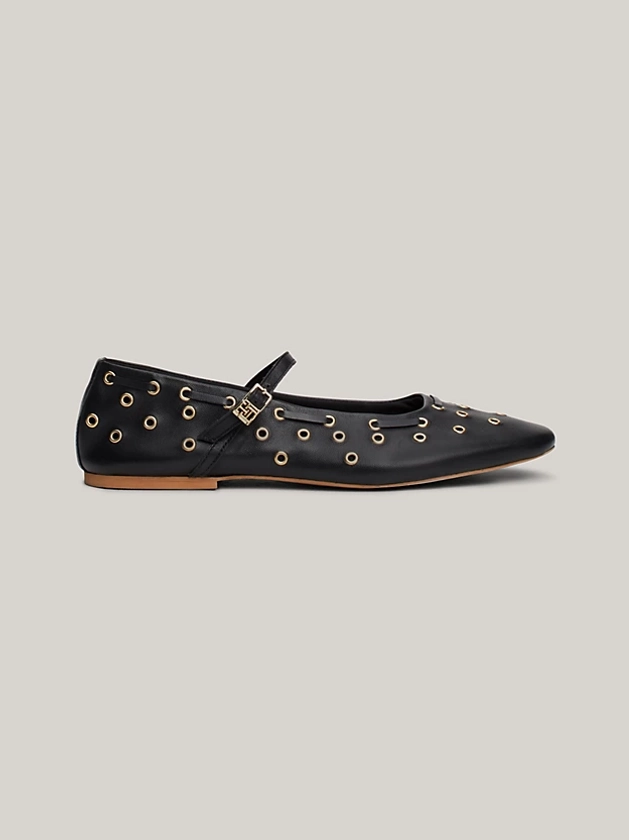 Leather Eyelet Detail Mary Jane Ballerinas | Black | Tommy Hilfiger