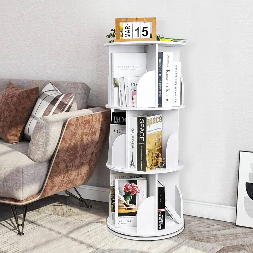 YGYQZ Bibliothèque rotative haute densité pour la maison, moderne, rotative à 360°, étagère de rangement au sol avec cloison pour chambre à coucher, salon, étude, bureau, blanc à 3 niveaux