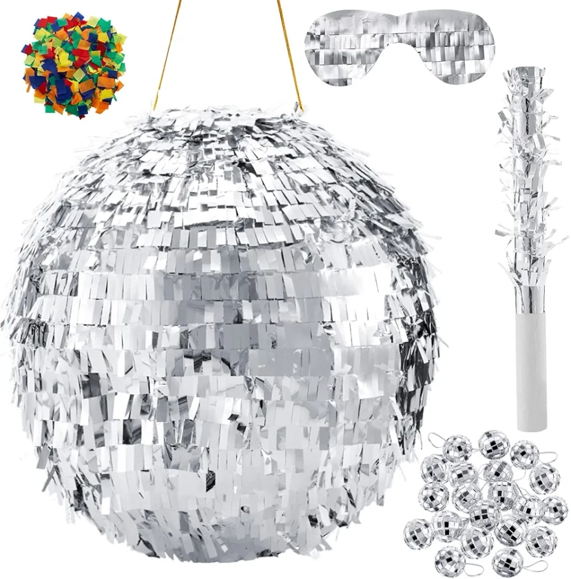 11.8 Inch Silver Disco Ball Pinata with 1 Pinata Bat 1 Blindfold 1 Bag of Confetti and 20 Small Mirror Balls for Disco Themed Birthday Wedding Party Supplies