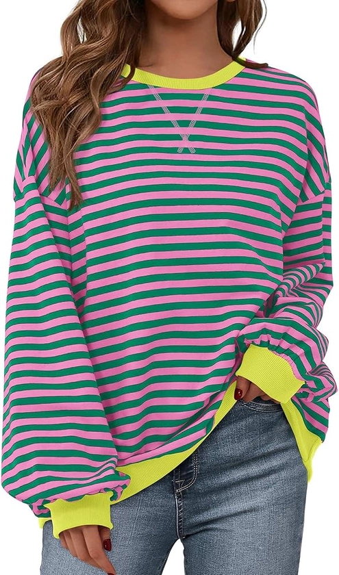 BTFBM Women's Striped Pullover Tops 2024 Fall Clothes Long Lantern Sleeve Soft Loose Crew Neck Y2K Sweatshirts