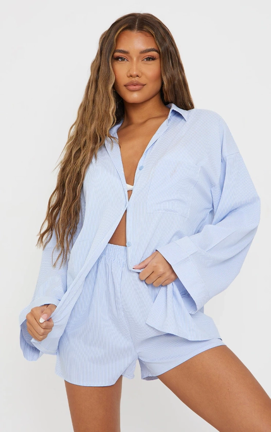 Light Blue Pinstripe Woven Balloon Sleeve Shirt