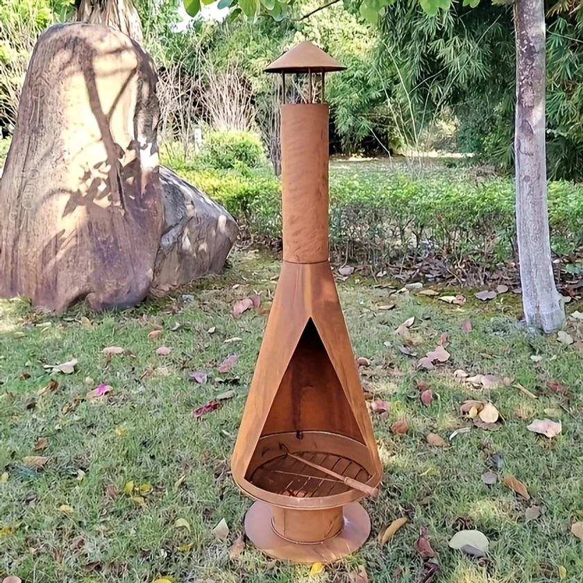 Outdoor Chiminea Fire Pit - * Shape Patio Heater, Metal Garden Backyard Fireplace with Protective Cover, Modern Heating Stove, No Lighter De