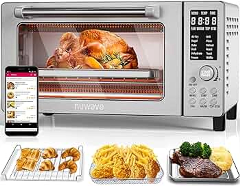 Nuwave Bravo Air Fryer Toaster Smart Oven, 12-in-1 Countertop Convection, 1800 Watts, 21-Qt Capacity, 50°-450°F Temp Controls, Top and Bottom Heater Adjustments 0%-100%, Brushed Stainless Steel Look