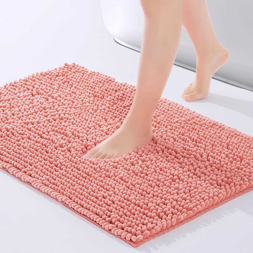 FRESHMINT Chenille Bathroom Rugs Mat 32”x20”, Non-Slip Bath Mat for Bathroom Floor & Bathtub, Washable Soft Shower Shag Bath Rugs, Durable Fluffy Thick Water Absorbent Microfiber Shower Mat, Coral