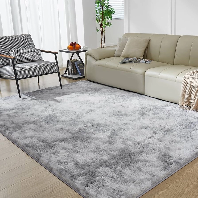 Ultra Soft Rug for Living Room, 4X6 Fluffy Shag Area Rug for Bedroom, Modern Shaggy Carpets Fuzzy Rug for Teens Dorm Nursery Home Decor Aesthetic, Upgrade Anti-Skid Durable, Tie-Dyed Light Grey