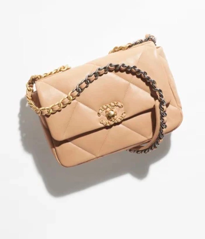 Chanel 19 handbag, Shiny lambskin, gold-tone, silver-tone & ruthenium-finish metal, dark beige — Fashion | CHANEL