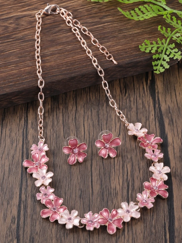 1pc Necklace & 1pair Delicate Elegant Luxury Colored Flower Enamel Coated Alloy Jewelry Set, Popular Pendant Earrings Party Date Gift For Mother's Day | SHEIN UK