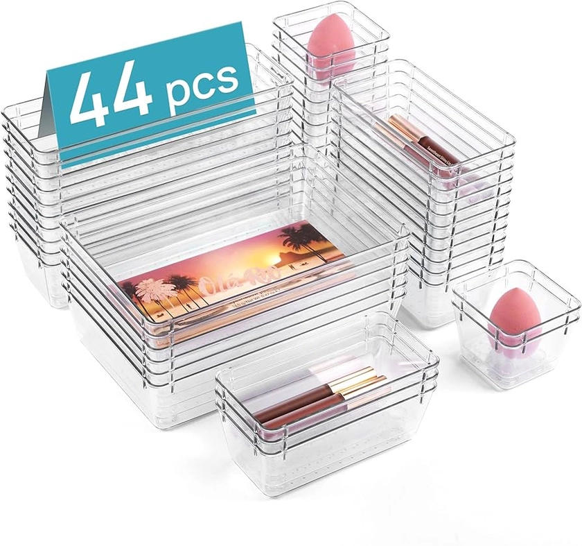 Amazon.com: Vtopmart 44 PCS Clear Plastic Drawer Organizers Set, 4-Size Versatile Bathroom and Vanity Organizer Trays, Non-Slip Storage Containers for Makeup, Jewelries, Bedroom，Kitchen Utensils and Office : Office Products