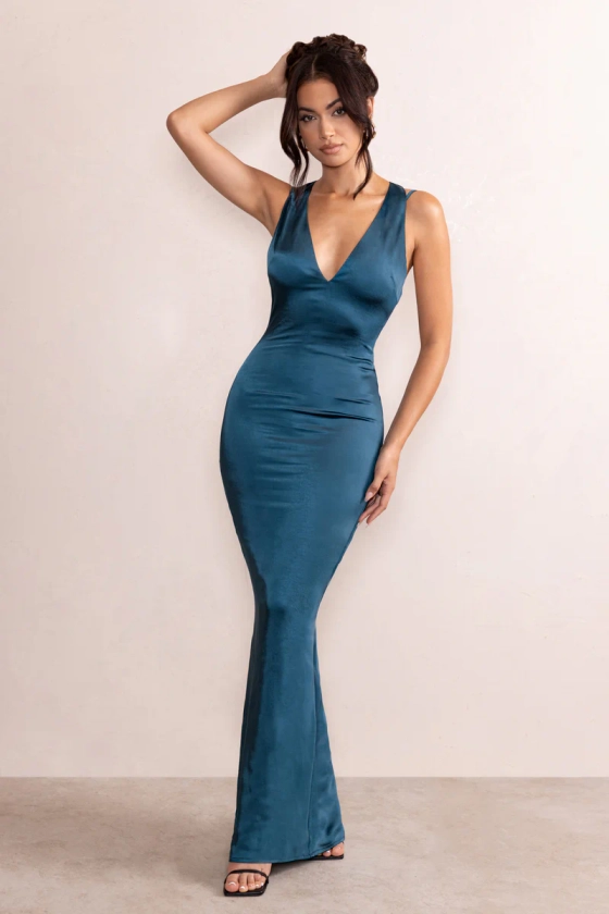 Emery | Teal Satin Plunge Neck Strappy Back Maxi Dress