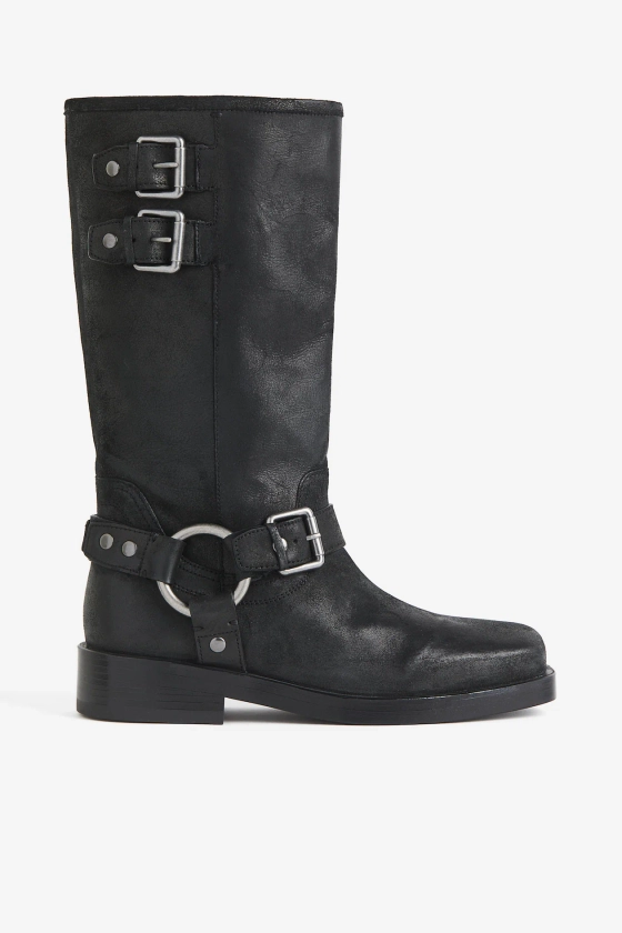 Suede biker boots - Low heel - Black - Ladies | H&M GB