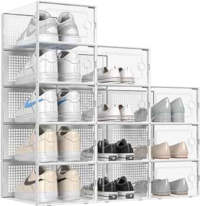 SALA Large Clear Shoe Boxes Stackable, 12 Pack Foldable Storage Bins with Lids, Clear Plastic Stackable Shoe Organizer for Closet, Space Saving Foldable Shoe Rack Sneaker Container Bin Holders