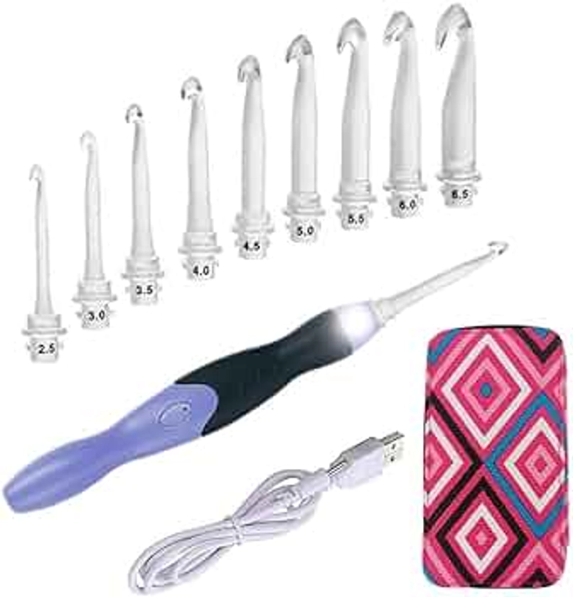 Lighted Crochet Hooks Set- Rechargeable Crochet Hook with Latest Case, 9 in 1 Interchangeable Heads Light Crochet Hooks with Accessories…