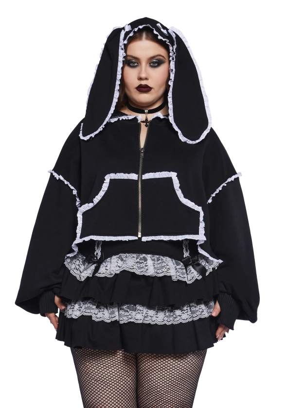 Plus Size Widow Goth Lolita Rabbit Lace Zip-Up Hoodie - Black