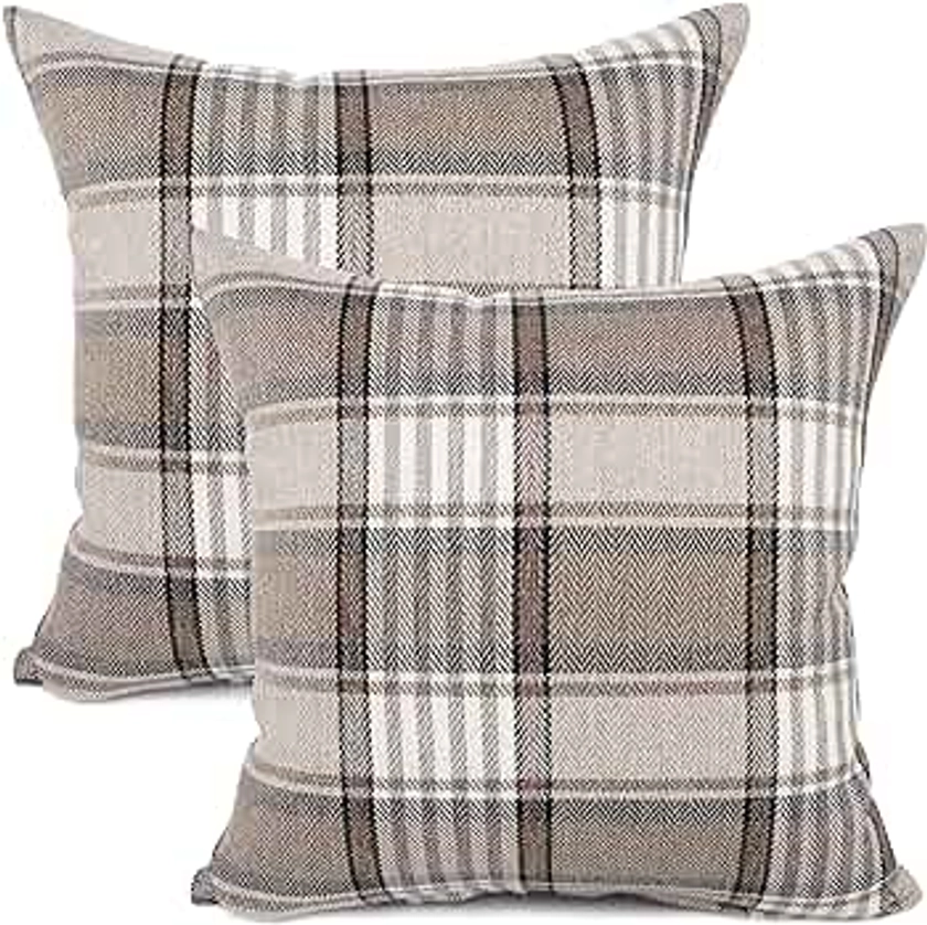 YOUR SMILE Set of 2 Retro Farmhouse Outdoor/Indoor Buffalo Tartan Chequer Stripe Plaid Cotton Linen Decorative Throw Pillow Case Cushion Cover Pillowcase for Sofa Chair,Brown,22x22inch