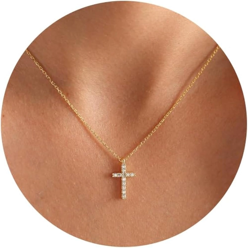 HANLI Cross Necklace for Women, 14k Gold/Silver Plated Dainty Simple Tiny Cross Necklace Cubic Zirconia Cross Sideways Cross Necklace Ankh Virgin Mary Cross Necklace