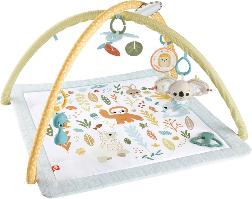 Fisher-Price Tapis D’Éveil Sensimals avec 6 Jouets Sensoriels Repositionnables, Dont 1 Peluche Koala Et 1 Anneau Dentition Papillon sans Bpa, Motif Animal, Jouet Bébé, HRB15