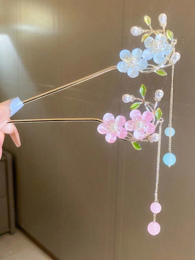 1set Of 2pcs Women's Hair Pins, Which Consist Of Pink & Blue Translucent Flowers, Simulated Pearls And Tassels For Vintage Aesthetic, High-Grade And Temperament. They Are Versatile For Daily Use Or With Hanfu And Qipao Dresses.