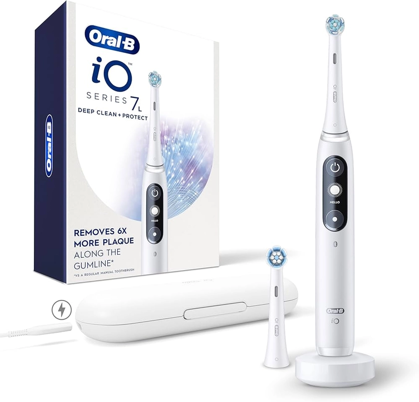 Oral-B iO Deep Clean + Protect Rechargeable Electric Toothbrush, White with a iO Series 7 Toothbrush, 2 Replacement Brush Heads, and a Charging Travel Case