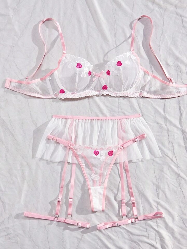 Conjunto De Lingerie Sexy De Malha Com Coração Bordado Para Mulheres Temporada De Casamento