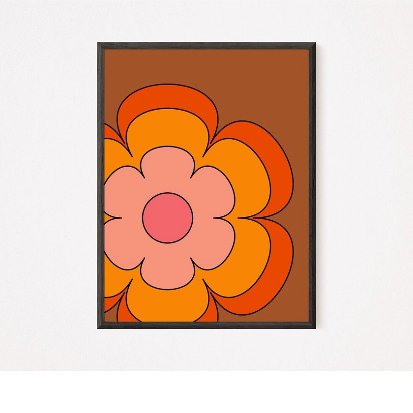Rétro des années 1970 Groovy Flower Art Print, affiche Hippie Flower Power, art mural psychédélique Funky, esthétique des années 1960 Orange Pink TÉLÉCHARGEMENT INSTANTANÉ