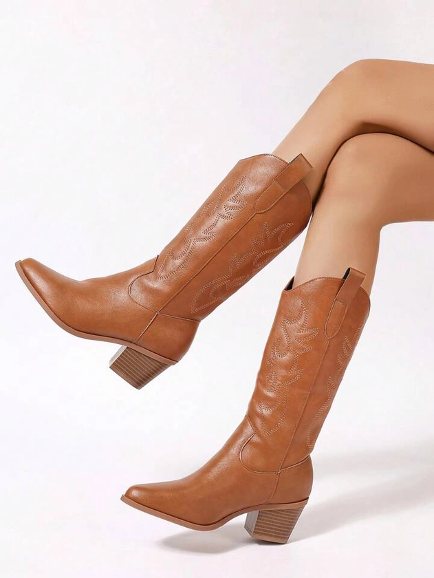 Ladies' Solid Color Chunky Heel Versatile Women's Western Cowboy Boots