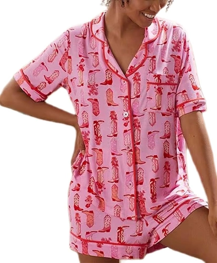 Creaion Women's Graffiti Print Pajamas 2 Piece Lounge Sets Y2k Short Sleeve Button Tops Drawstring Shorts Beach Vacation Wear