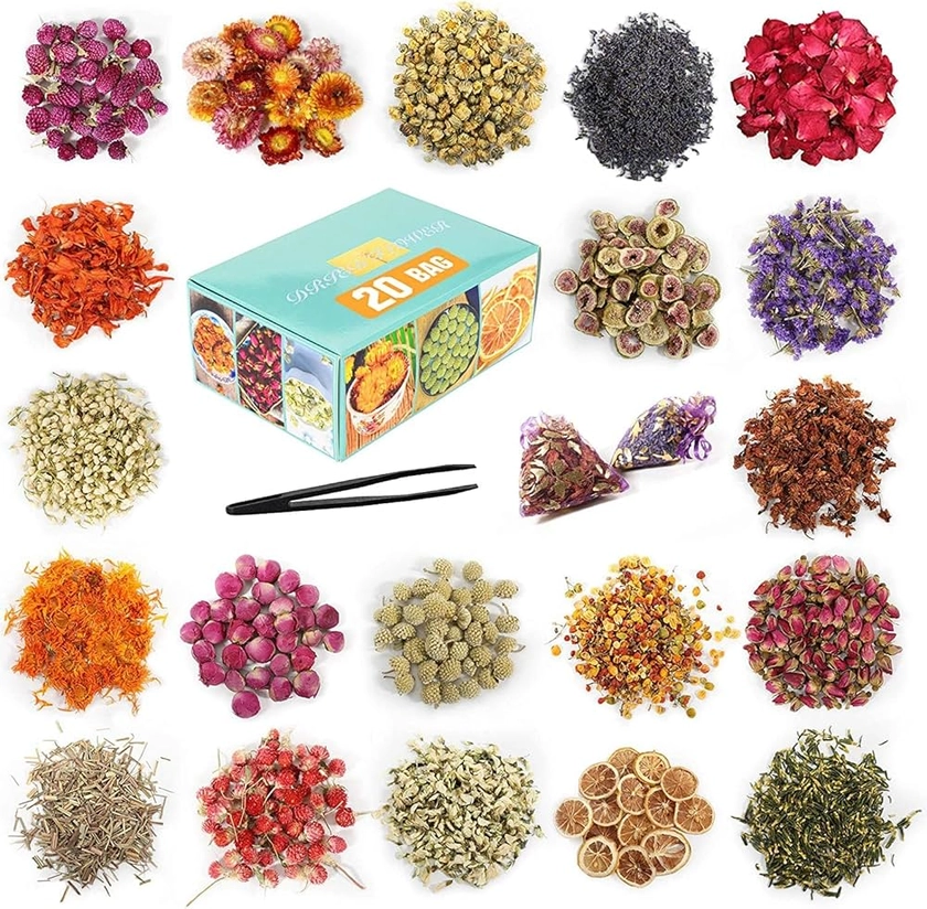 20 Bags Dried Flowers,100% Natural Dried Flowers Herbs Kit for Soap Making, DIY Candle Making,Bath - Include Rose Petals,Lavender,Don't Forget Me,Lilium,Jasmine,Rosebudsand More