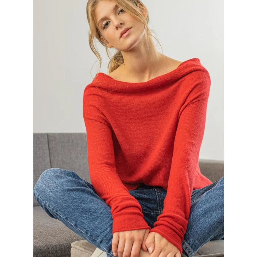 Pull rouge 100 % cachemire à épaules dénudées Pull à col bénitier, Pull d'été à épaules tombantes pour un style chic - Etsy France