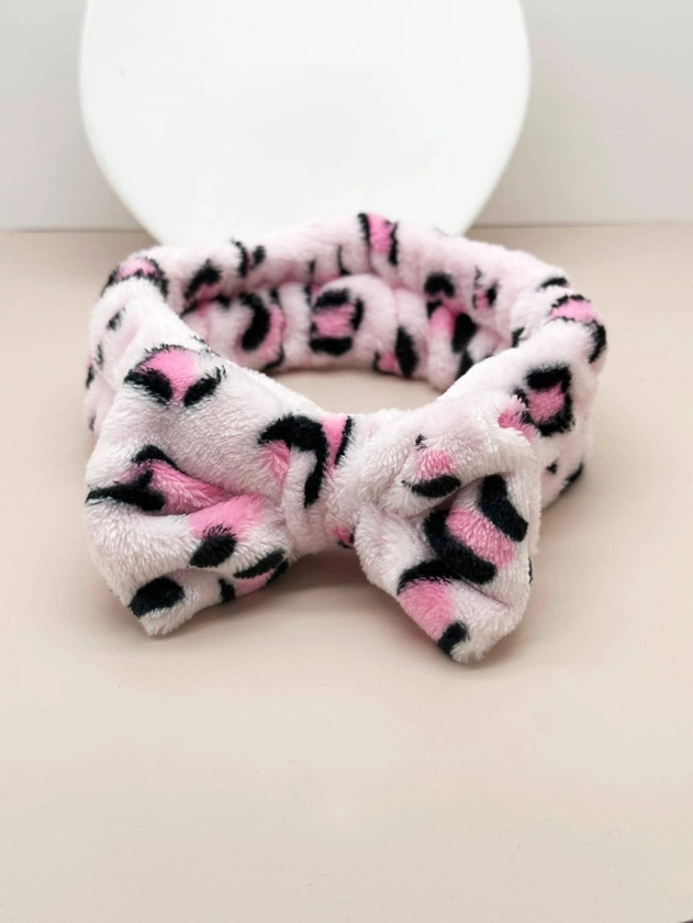 1pc Leopard Coral Bow Headband Flannel Makeup Hair Band Headwrap For Cleansing And Face Washing Cute