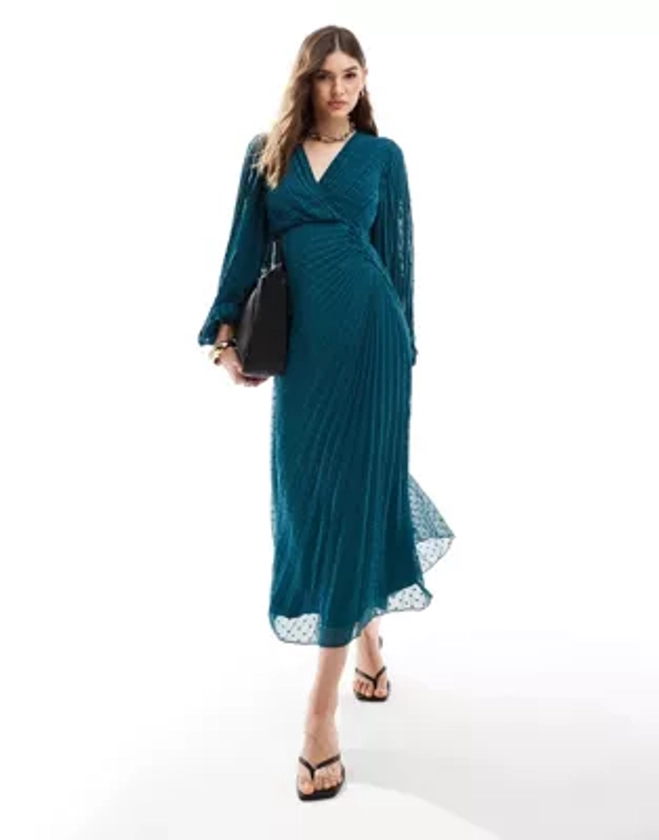 ASOS DESIGN pleated textured chiffon wrap button detail maxi dress in teal green | ASOS