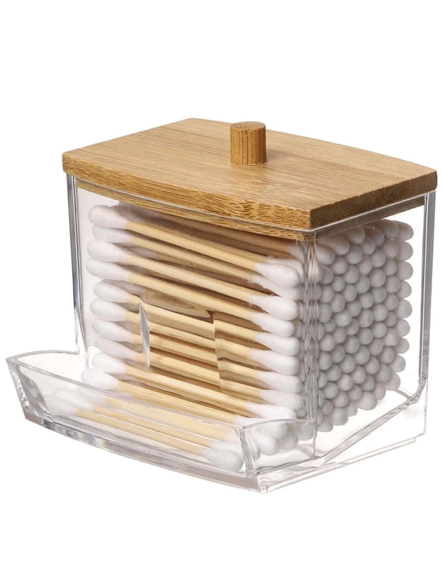 1 pc Acrylic Qtip Holder with Bamboo Lid, Clear Small Swab Dispenser, Plastic Ear Stick Swabs Holder, Toothpick Storage Container, Bathroom Countertop Decorative Storage Organizer
