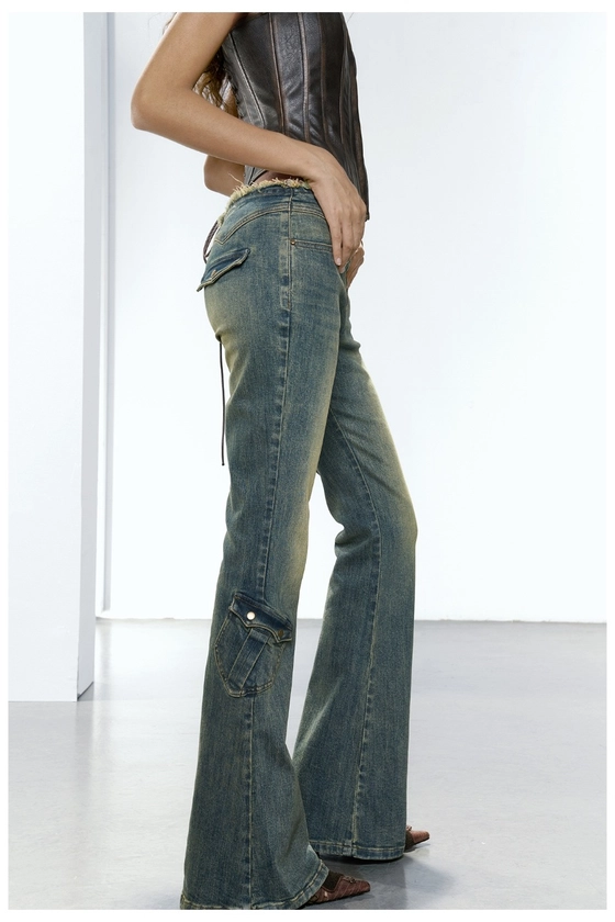 STRIKE A POSE Micro cargo washed-out denim bootcut pants - shop.cor