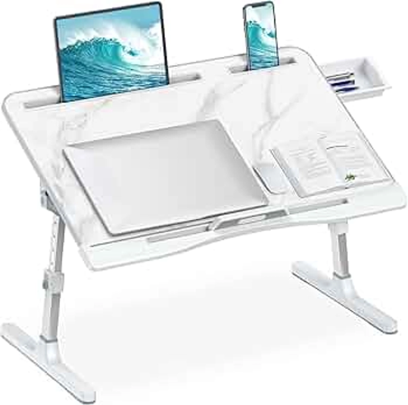 Laptop Bed Desk, Adjustable Laptop Lap Desk with Drawer, X-Large Foldable Laptop Bed Table Tray for Bed Couch Floor Desk Writing Working Reading Eating Painting (Marble, 23.6"×15.7")