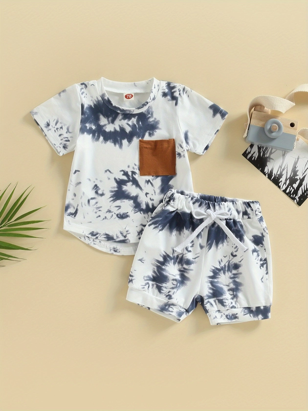 Baby Boys 2Pcs Summer Fashion Shorts Set, Tie-dye Print Short Sleeve Crew Neck T-shirt with Elastic Waist Shorts Summer Outfit
