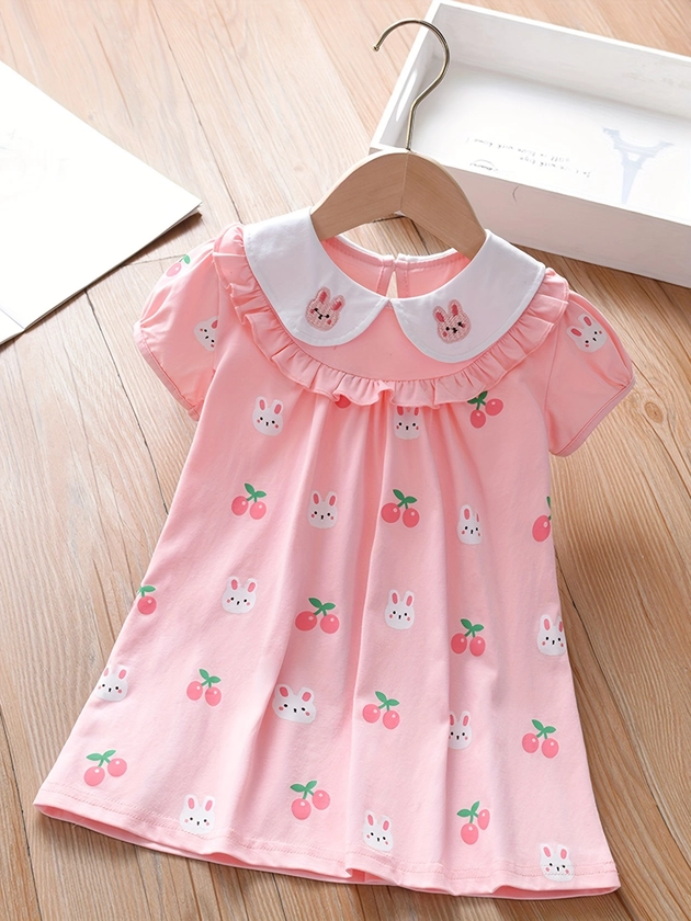 95% Cotton Girls Cute Rabbit Embroidery Cherry Print Short Sleeve Collar Dress For Summer