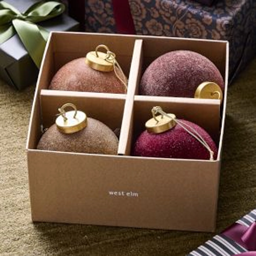 Flocked Ball Ornaments (Set of 4) - Warm Tones