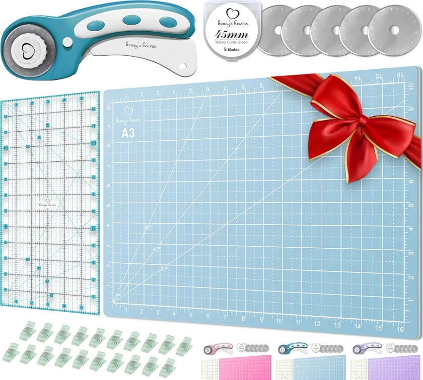 Rotary Cutter Set pink - Quilting Kit incl. 45mm Fabric Cutter, 5 Replacement Blades, A3 Cutting Mat, Acrylic Ruler and Craft Clips - Ideal for Crafting, Sewing, Patchworking, Crochet & Knitting