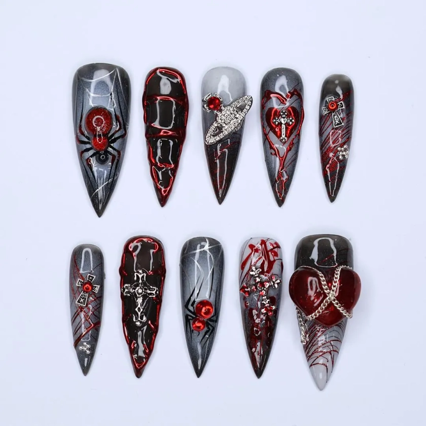 Long Stiletto Press-On Nails in Blood Red with 3D Hearts, Chains,Red Spider & Cross ,Halloween Fake Nail Art Perfect for a Horror Night,