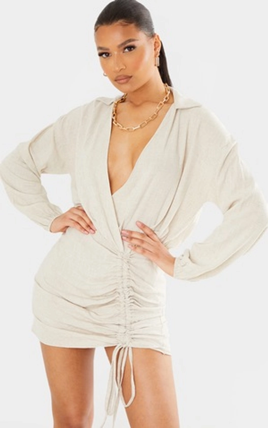 Stone Linen Long Sleeve Plunge Ruched Shirt Dress