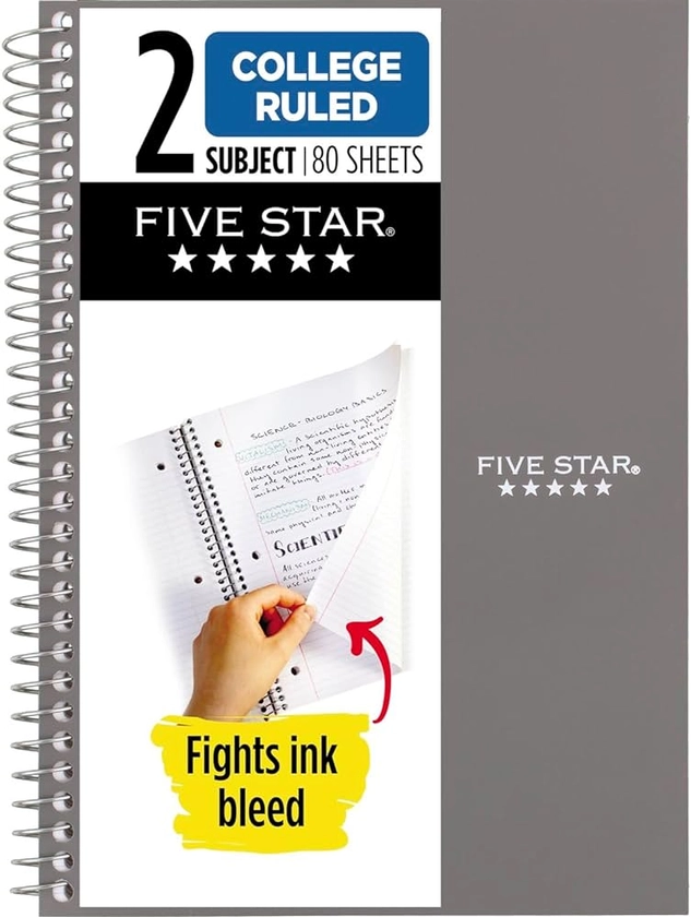 Five Star Spiral Notebook, 2 Subject, College Ruled, 9 1/2" x 6" 80 Sheets, Gray (840029AA3-ECM)