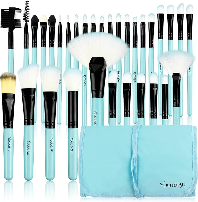 Makeup Brushes Set, 32pcs Blue Premium Cosmetic Make Up Brushes Foundation Blending Blush Concealer Shader Eyeshadow Eyeliner Compatible withTravel Makeup Bag