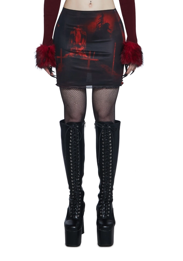 Widow Mesh Graphic Print Mini Skirt - Red/Black