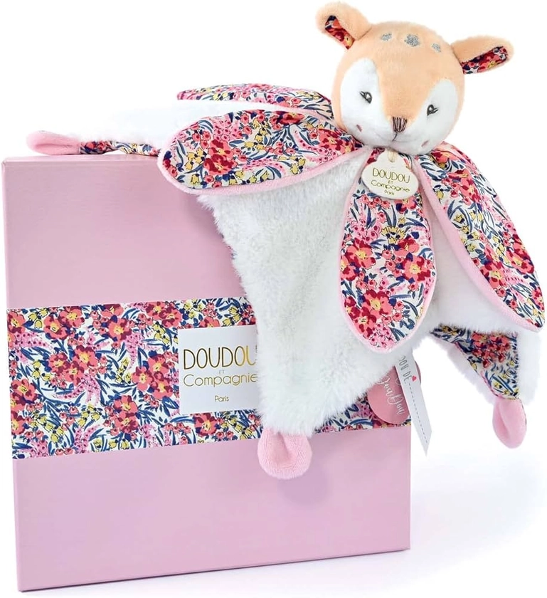 Doudou et Compagnie - BOH'AIME - Doudou Faon Blanc avec Pétales - Boite Cadeau - 27 Cm - Idée Cadeau de Naissance Fille et Garçon - Garantie Doudou Perdu - DC4021