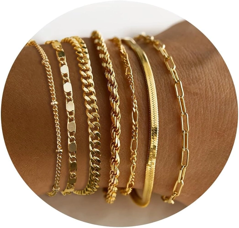 7pc Gold Bracelets for Women, 14K Real Gold Dainty Layered Cuban Link Paperclip Chain Herribone Bracelets Cute Stackable Gold Chain Bracelet Set for Women Trendy Jewelry Gifts
