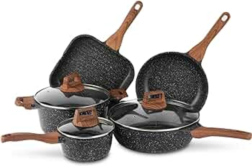 ESLITE LIFE Nonstick Cookware Sets, 8 Pcs Granite Coating Pots and Pans Set Kitchen Cooking Set, Compatible with All Stovetops (Gas, Electric & Induction), PFOA Free, Black