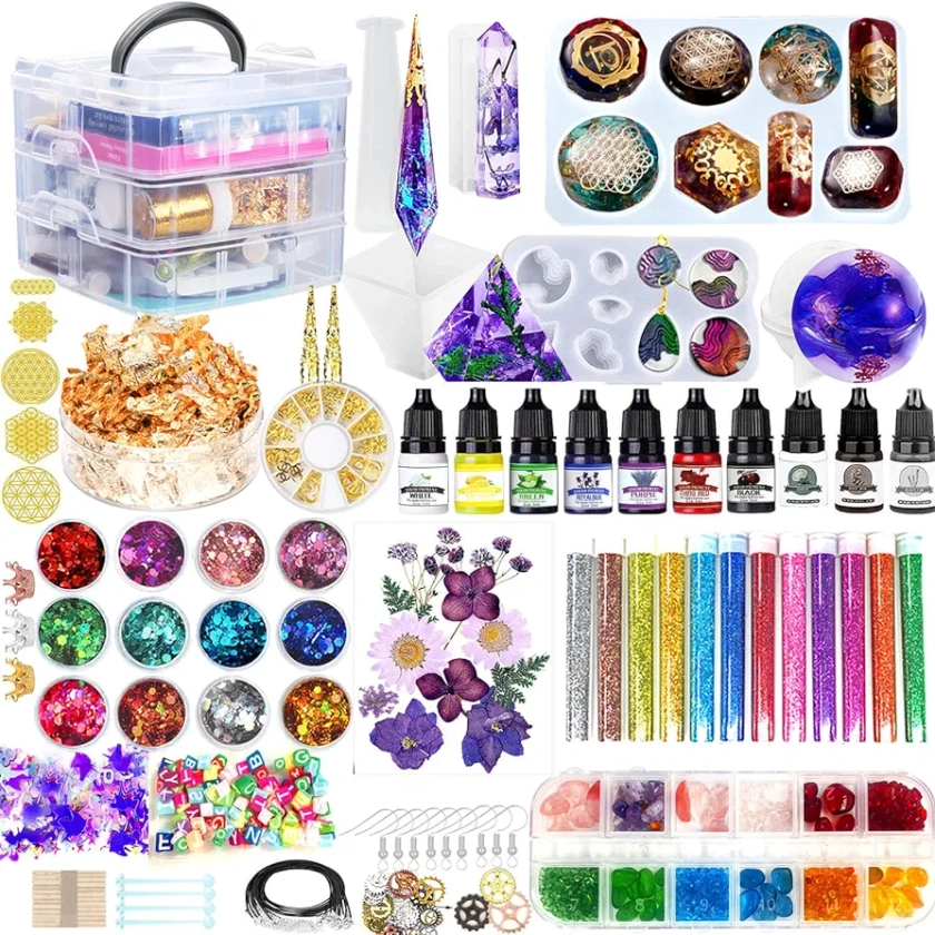 Resin Mold Kit for Beginners - 125pcs with Sphere, Pyramid, Earring Necklace Molds and Epoxy Resin Supplies/Resin Ink/Dried Flowers for Epoxy Resin Making